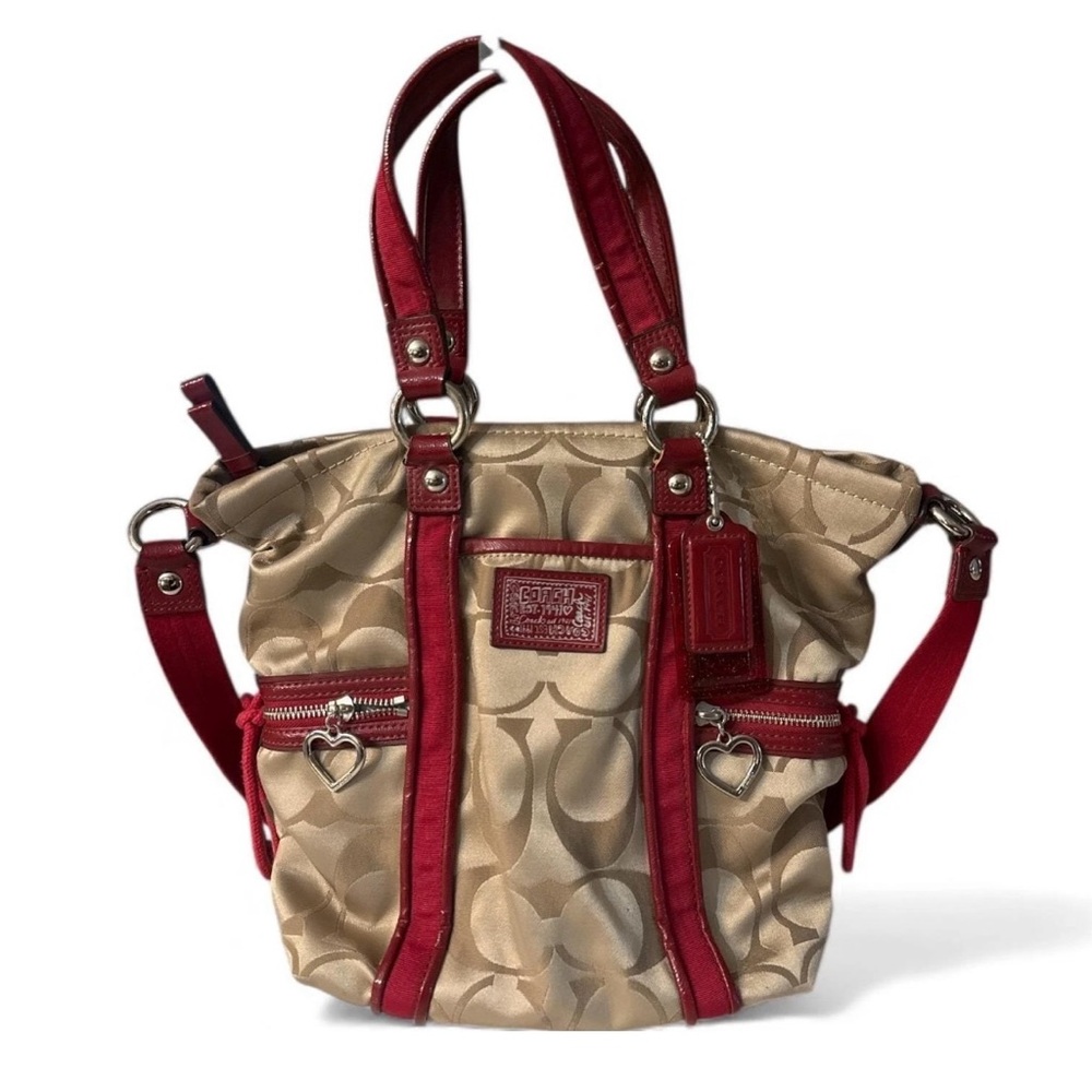 ❤️ Coach Signature Canvas Heart Charm Tote Bag Beige Red Leather Double Handle!